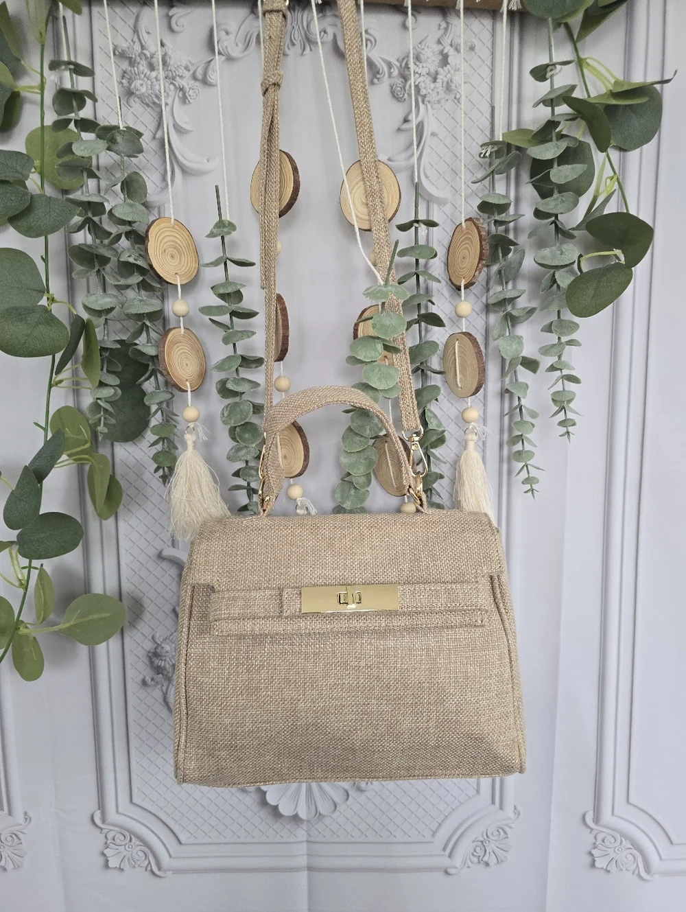 3AM Coastal Woven Natural Linen Satchel with Gold Hardware Crossbody Handbag